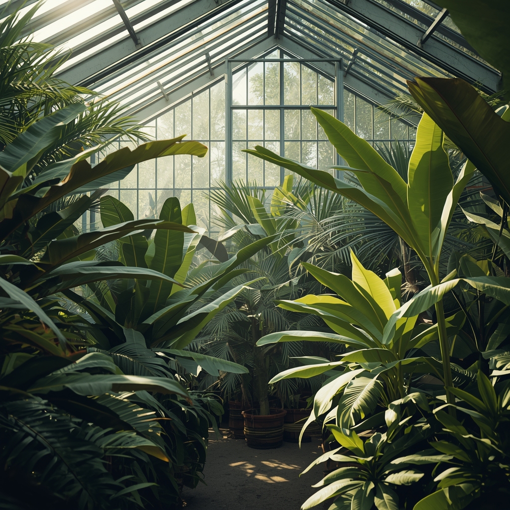 A highly detailed, cinematic shot of a lush indoor greenhouse filled with exotic tropical plants, glowing soft sunlight filtering through the glass roof, vibrant green leaves, high resolution, photorealistic, serene atmosphere - Nano Banana2