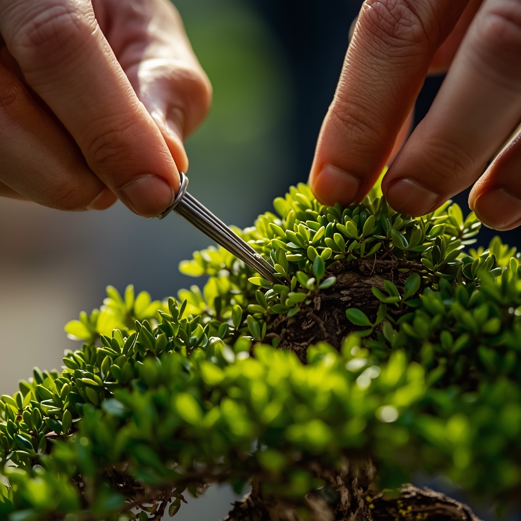 Close-up of a person's hands delicately pruning a bonsai tree with specialized tools, soft natural light, macro photography, highly detailed, vibrant green textures - Nano Banana2